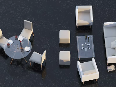 Stylish Casual Sofa Set With White Fabric Armchairs Coffee Table And Stools 3d model