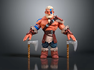 White Haired Warrior with Blue Facial Markings Fur Outfit Holding Dual Axes Standing 3d model
