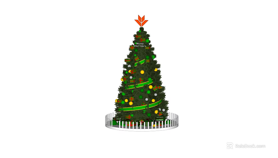 Festive Arbor Christmas Tree Decorated With Colored Balls Ribbons And White Fence Base 3d model 