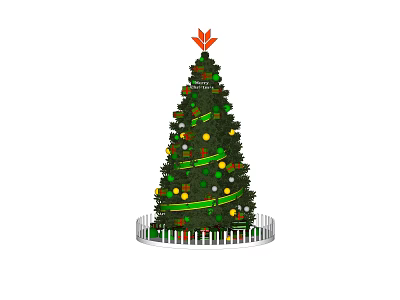 Festive Arbor Christmas Tree Decorated With Colored Balls Ribbons And White Fence Base 3d model