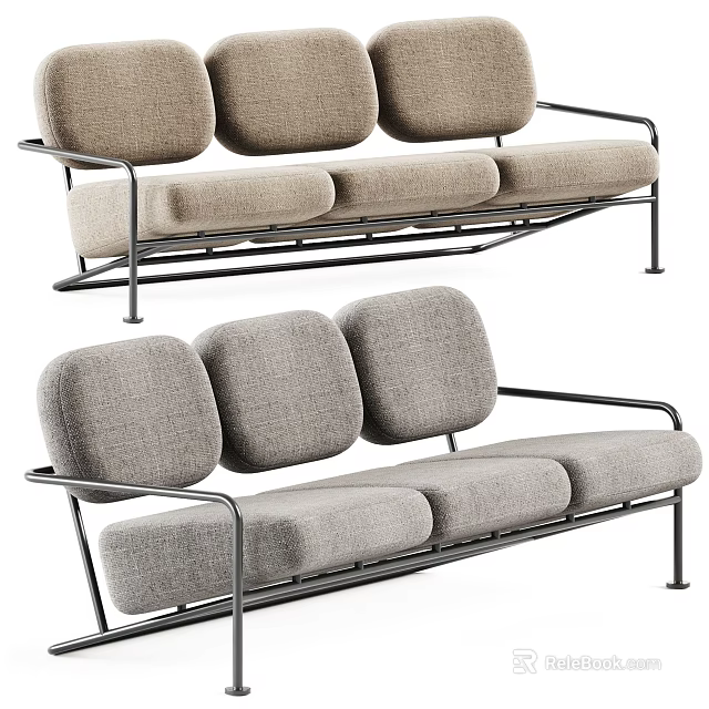 Modern Minimalist Three Seater Sofa With Gray Fabric Upholstery And Metal Frame 3d model 
