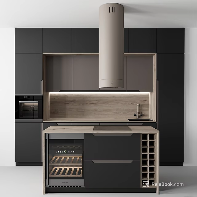 Modern Kitchen With Black Cabinets Wooden Countertop Island And Wine Rack 3d model 