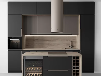 Modern Kitchen With Black Cabinets Wooden Countertop Island And Wine Rack 3d model