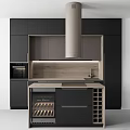 Modern Kitchen With Black Cabinets Wooden Countertop Island And Wine Rack
