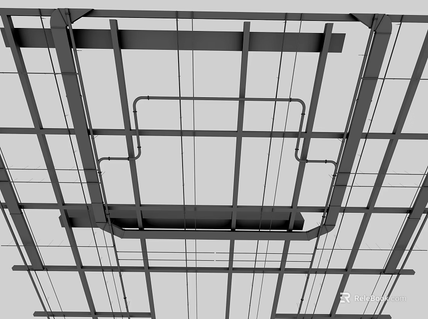 Ceiling Mounted Metal Pipes With Structural Frame In Building Construction Layout 3d model 