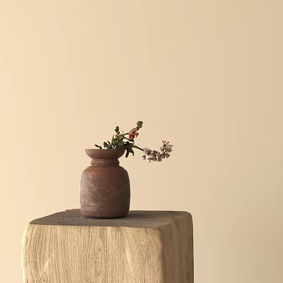 Terracotta Vase With Small Flowers On Wooden Pedestal Against Beige Wall 3d model