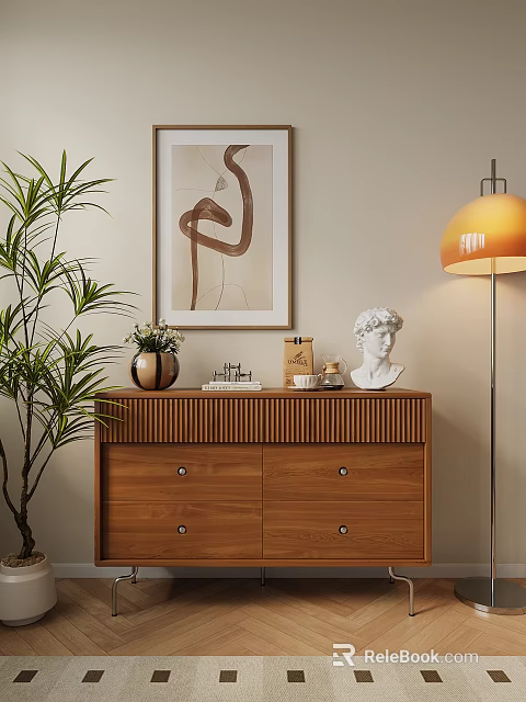 Modern Wooden Entryway Console Cabinet With Drawers And Decorative Sculpture Vase Plant 3d model 