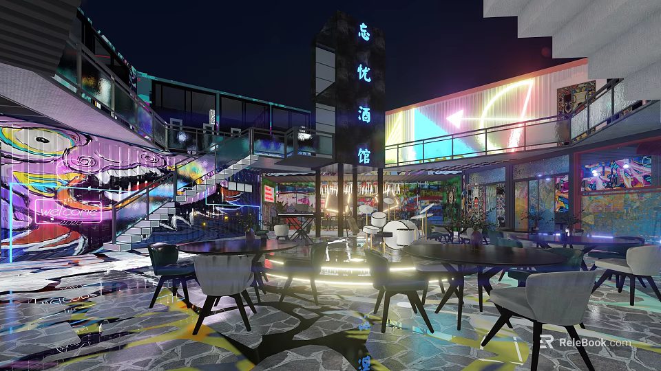 Modern Memory Tavern Interior Night Scene With Neon Lights Tables Chairs And Staircase 3d model 