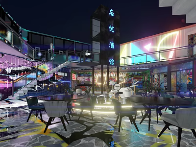 Modern Memory Tavern Interior Night Scene With Neon Lights Tables Chairs And Staircase 3d model