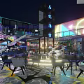 Modern Memory Tavern Interior Night Scene With Neon Lights Tables Chairs And Staircase