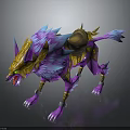 Mythical Fantasy Mount Creature with Purple Fur Blue Accents and Golden Armor for Heroic Characters
