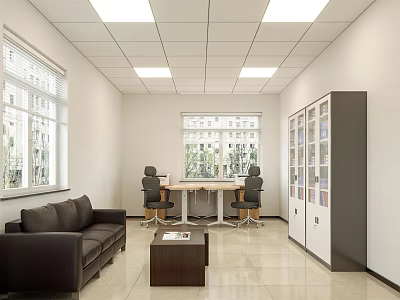 Bright Office Interior With Black Sofa Coffee Table Conference Table Chairs White Storage Cabinets Windows 3d model