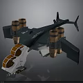Futuristic Cosmic Spacecraft Design With Dark Body Wings Cylindrical Engines And Transparent Orange White Cockpit