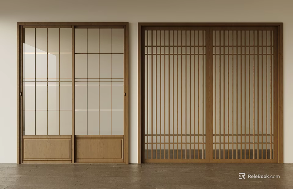 Modern Interior Wooden Sliding Doors With Glass Panel And Grid Pattern Design 3d model