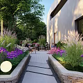 Modern Urban Plaza Landscape With Contemporary Building Lush Greenery And Stone Pathways