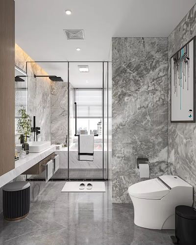 Elegant Modern Bathroom Interior With Glass Shower Enclosure And Marble Walls 3d model