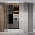 Modern Kitchen Sliding Textured Glass Doors With Black Frames And Interior Design 3d model