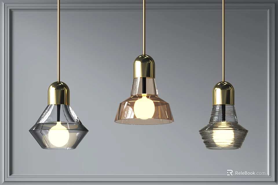 Modern Pendant Lights With Golden Base And Glass Shades In Various Shapes 3d model 