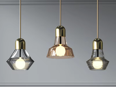 Modern Pendant Lights With Golden Base And Glass Shades In Various Shapes 3d model