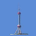 Shanghai Oriental Pearl Tower with Red Spheres Slender Structure and Green Lawn Plaza