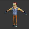 Cartoon 3D Character With Red Hair Mustache Wearing Argyle Vest Yellow Sleeves Orange Striped Pants Blue Gloves