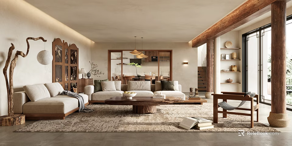 Modern Living Dining Room Interior With Comfortable Sofa Wooden Table And Area Rug 3d model 