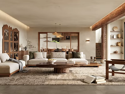 Modern Living Dining Room Interior With Comfortable Sofa Wooden Table And Area Rug 3d model