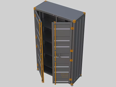 Grey Industrial Equipment Storage Cabinet With Open Doors Yellow Edges And Internal Shelves 3d model