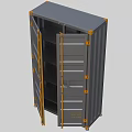 Grey Industrial Equipment Storage Cabinet With Open Doors Yellow Edges And Internal Shelves