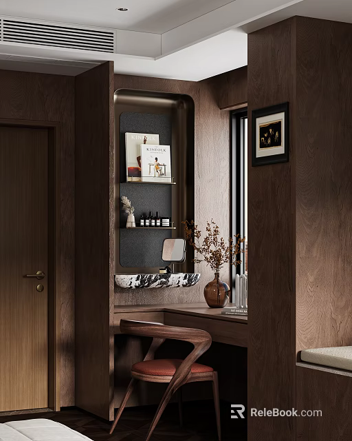 Luxury Dark Wood Dressing Table With Built In Display Shelves And Stylish Home Decor Pieces 3d model 