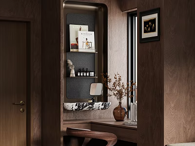 Luxury Dark Wood Dressing Table With Built In Display Shelves And Stylish Home Decor Pieces 3d model
