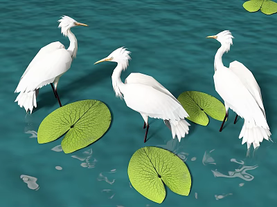 Three White Egrets Standing on Water with Green Lily Pads 3d model