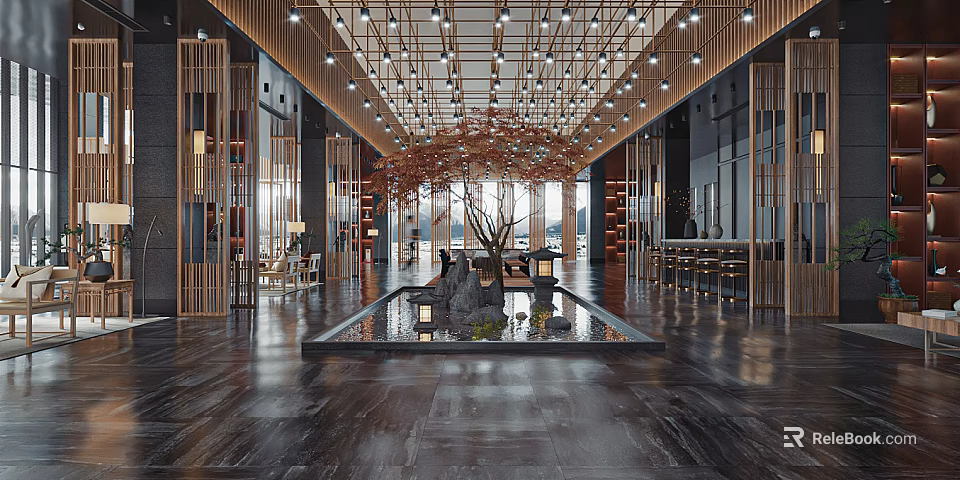 Modern Hotel Lobby Interior With Chandeliers Decorative Tree And Marble Floor Design 3d model 