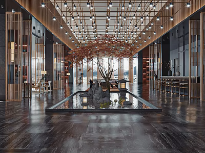 Modern Hotel Lobby Interior With Chandeliers Decorative Tree And Marble Floor Design 3d model