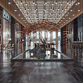 Modern Hotel Lobby Interior With Chandeliers Decorative Tree And Marble Floor Design