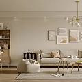 Minimalist Living and Dining Room Interior With Beige Sofa Coffee Tables Wall Art And Chandelier