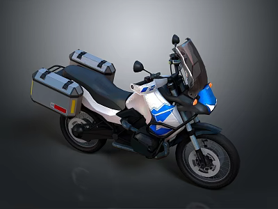Stylish White And Blue Adventure Motorcycle With Black Windshield And Gray Side Cases 3d model