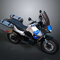 Stylish White And Blue Adventure Motorcycle With Black Windshield And Gray Side Cases