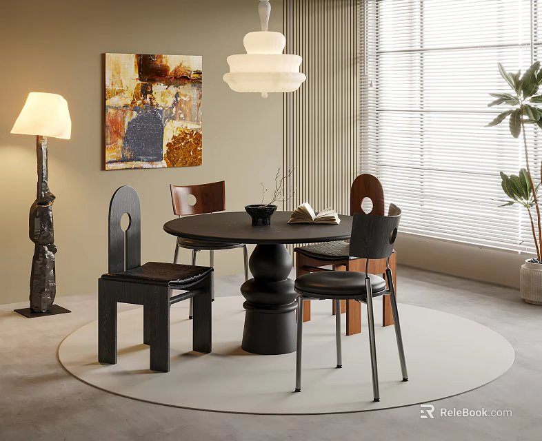 Modern Round Dining Table Set With Stylish Chairs Pendant Light And Wall Painting 3d model 