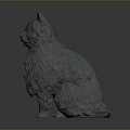 Gray Detailed Textured Cat Sculpture Sitting on Shiny Base Against Dark Background