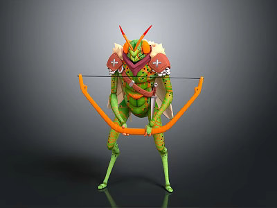 Horned Green Mythical Creature Character With Red Accent Armor And Orange Bow 3d model