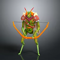 Horned Green Mythical Creature Character With Red Accent Armor And Orange Bow