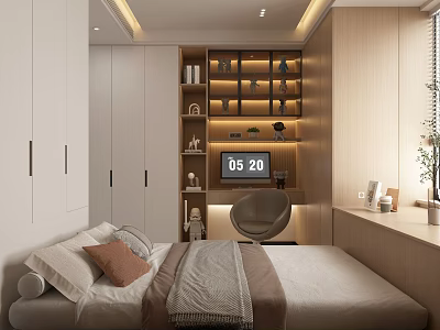 Tatami Bedroom Interior Design With Built-in Cabinets Decorative Shelves And Warm Lighting 3d model