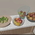 Fresh Assorted Fruits in Wooden Tray Wire Mesh Baskets and Dark Bowl on Kitchen Countertop