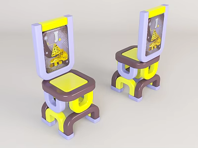Two Kids Leisure Chairs With Yellow Purple Brown Cartoon Backrest Design 3d model