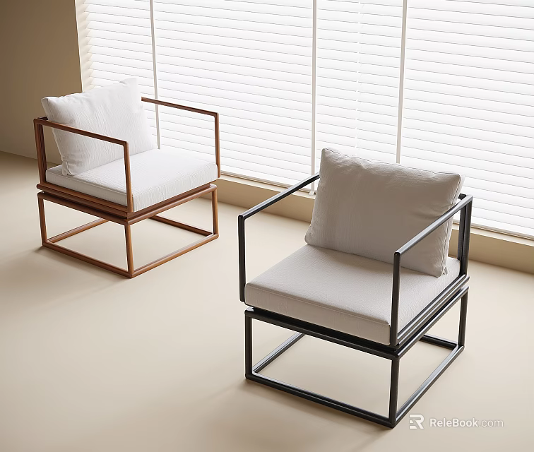 Modern Single Chairs Featuring Black and Brown Frames White Cushions in Bright Room with Blinds 3d model 
