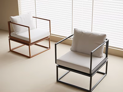 Modern Single Chairs Featuring Black and Brown Frames White Cushions in Bright Room with Blinds 3d model