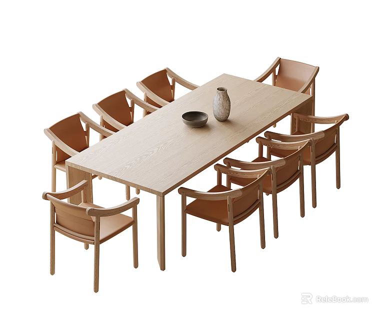 Wooden Rectangular Dining Table And Eight Armrest Chairs With Tabletop Vase Bowl 3d model