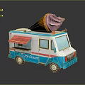 Blue Ice Cream Truck With Red Awning And Large Cone On Top