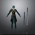 3D Character Model With Teal Hair Ornamental Outfit And Two Swords Sheathed Unsheathed